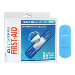 Out of Date, Metal Detectable Blue Adhesive Strips with Pad, 72 x 25mm, Waterproof, 50/PK, Price Discounted, While Stocks last Box