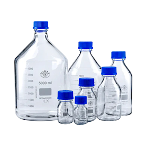 Simax Lab Reagent Bottle,500ml,86mm Diameterx181mm Height,GL45,Clear,w/Blue Recyclable PP Cap & Outlet Ring, Boro Glass, 100/Carton Carton
