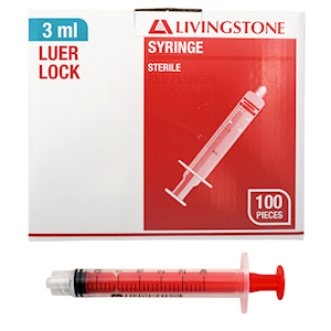 Livingstone Syringe, 1ml, Luer Lock Tip, White Plunger, Polypropylene, Latex Free, Hypoallergenic, Sterile, 100 Pieces/Box