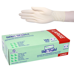 Out of Date Universal Skin Shield Latex Exam Gloves Powder Free AS/NZ HACCP 6.5g, Large Cream 100/Box Discounted, While Stocks last