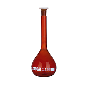 Volumetric Flask, 2000mL, SJ 29/32, Class A, Amber with Polyethylene Stopper, ISO, Batch Certificate, Borosilicate 3.3 Glass, 1 Piece/Box Box