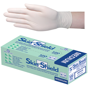 Skin Shield Latex Examination Gloves, Powder Free, AS/NZ, Biodegradable, Polymer Coated, Textured, HACCP, Medium, Cream, 100/Box Box