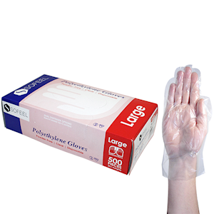 Sofeel Disposable Polyethylene Gloves, Large, Powder Free, Latex Free, Recyclable, Clear, 500/Box Box