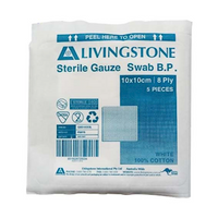 Livingstone Gauze Swabs, 10 x 10 cm x 8 ply, 100 Percent Cotton, Sterile, White, 5 Pieces/Pack Each