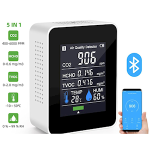 5 in 1 Air Quality Detector/Monitor, CO: 400 - 6,000ppm; HCHO: 0 - 0.6 mg/m³; TVOC: 0 - 2.0 mg/m³; -10 ~ 50degC; 0 - 99pct RH; Each Each