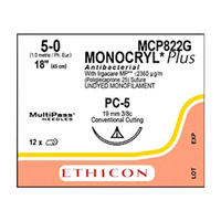 Ethicon Monocryl Plus Sutures, Antibacterial, Undyed, Length: 45cm, 19mm, Size 5-0, PC-5, Cutting Edge Prime Conventional, Absorbable, 12 Pieces/Box Box