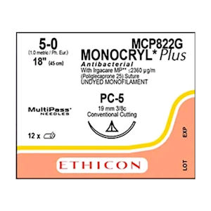 Ethicon Monocryl Plus Sutures, Antibacterial, Undyed, Length: 45cm, 19mm, Size 5-0, PC-5, Cutting Edge Prime Conventional, Absorbable, 12 Pieces/Box Box
