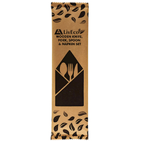 Liv Eco Biodegradable Wooden Knife, Fork, Spoon & Napkin Set, 160mm, FSC Certified, Disposable, 200 Sets/Carton Carton