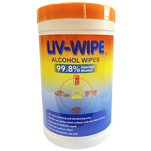 Liv-Wipe Antibacterial Alcohol Wipes, 99.8pct Isopropyl Alcohol Sanitiser, 20.3 x 12.7cm, 100/Recyclable Tub TUB