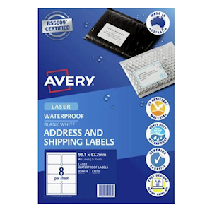 Avery Waterproof Labels, 99.1 x 67.7mm, White, 8 Labels/Sheet, 5 Sheets/Pack Pack