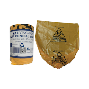 Livingstone Premium Clinical Waste Bags, 52 x 65cm, 27L, 30um, Yellow, 50 Pieces/Roll, 10 Rolls/Carton Carton