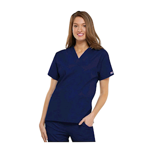 Scrub Shirt, Short Sleeve Top, V-Neck, Side Seam Vent, Patch & Interior Pockets, Unisex, Navy, 26.5", Small, Each Each