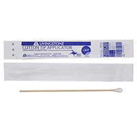 Livingstone Cotton Tip Applicator, Single Tipped, Biodegradable Wooden Stem, 15cm, Sterile, 1 Piece/Pack, 100 Packs/Bag Bag