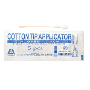 Out of Date, Discounted, Livingstone Cotton Tip Applicator Swab, 7.5cm, Single Tip, Biodegradable Wooden Stem, Sterile, 5/Pk, 1000/Ctn Carton