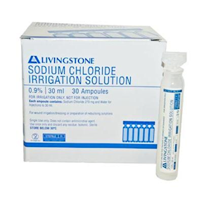 Livingstone Saline 0.9 Percent Sodium Chloride Eyewash and Irrigation Solution, 30ml Ampoule, Sterile, 30 Ampoules/Box, 240 Ampoules/Ctn Carton