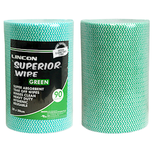 Lincon Superwipe Microfibre Cleaning Wipe, Heavy Duty, 30cm Width, Perforated/50cm, 45m, Green HACCP Cert, 90 Sheet/Roll, 4 Rolls/Carton Carton