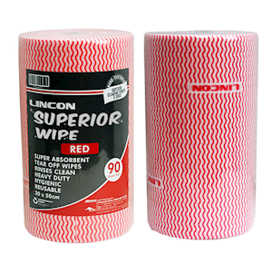Lincon Superwipe Microfibre Cleaning Wipes, Heavy Duty, 30cm Width, Perforated/50cm, 45m, Red HACCP Cert, 90 Sheets/Roll, 4 Rolls/Carton Carton