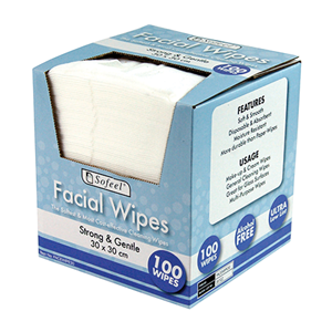 Sofeel Lint Free Facial Wipes, 30 x 30cm, Strong and Gentle, Alcohol Free, High 50 Percent Viscose, 100 Wipes/Box, 8 Box/Carton Carton