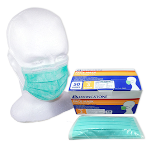 Livingstone Medical Face Mask, 4 Ply, Tested Top Level 3, TGA349651, AS4381:2015 & ASTM F2100-2019, Ear Loop, Green, No Latex & Fibreglass, 50 Pieces/Box, 40 Boxes/Carton Carton