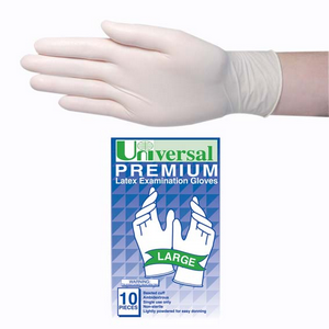 Out of Date, Universal Premium Latex Gloves, Low Powder, Biodegradable, 6.5g, Large, 10/Pack, Price Discounted, While Stocks last