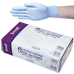Out of Date, LivingstoneLatex Examination Gloves Low Powder ASTM Biodegradable, 5.0g, Small, Blue, 100/Box, Discounted While Stocks last