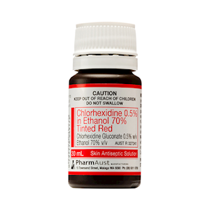 Pharmaust Chlorhexidine Alcohol 2pct in Ethanol 70pct, 30ml, Tinted Red, Each Carton