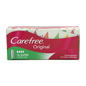 Carefree Original Tampons, Super, Curved Grooves, 16 Pieces/Pack Pack
