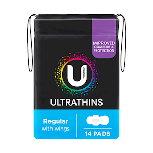 U By Kotex Ultrathins Pads, Regular with Wings, 14 Pcs/Pack, 6 Packs/Carton