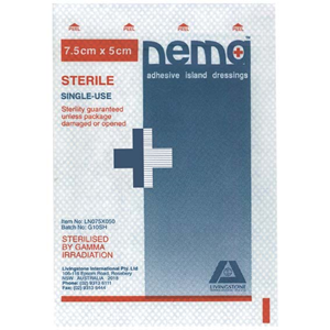 Out of Date, Nema Adhesive Island Dressing with Non-Adherent Pad Nonwoven 8.2 x 6cm White Sterile Each Price Discounted While Stocks last Each