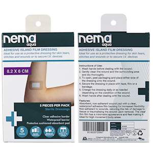 Nema Aqua Transparent Island Film Dressing, with Non-Adherent Pad, 8.2 x 6cm, Waterproof, Sterile, 5 Pieces/Pack Pack