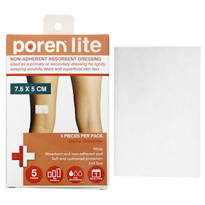 Poren-Lite Non-Adherent Absorbent Dressing, 7.5 X 5cm, Sterile, 5 Pieces/Box Box