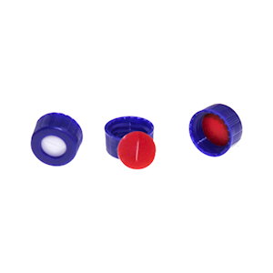 Livingstone Screw Cap 9-425, Open Top, Ribbed, with 9mm Red PTFE/White Silicone Septa, 1mm Thick Pre-Slit, Blue, 100 Pieces/Pack Pack