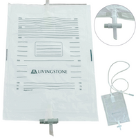 Livingstone Drainage Urine Bag, 2000ml, 130cm Long Inlet Tube, with T-Valve Bottom Outlet, Graduated, A1, Sterile, Each Each