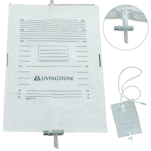 Livingstone Drainage Urine Bag, 2000ml, 130cm Long Inlet Tube, with T-Valve Bottom Outlet, Graduated, A1, Sterile, Each Each